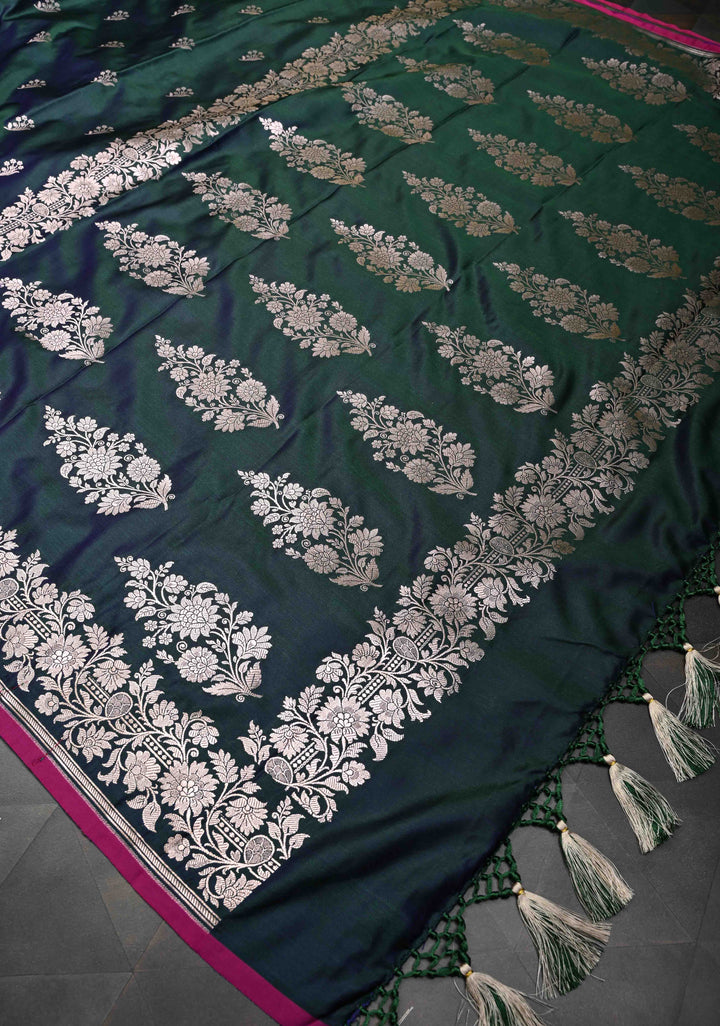 Hunter Green Banarasi Semi Mashru Silk Saree with Floral Zari Buttas and Zari border
