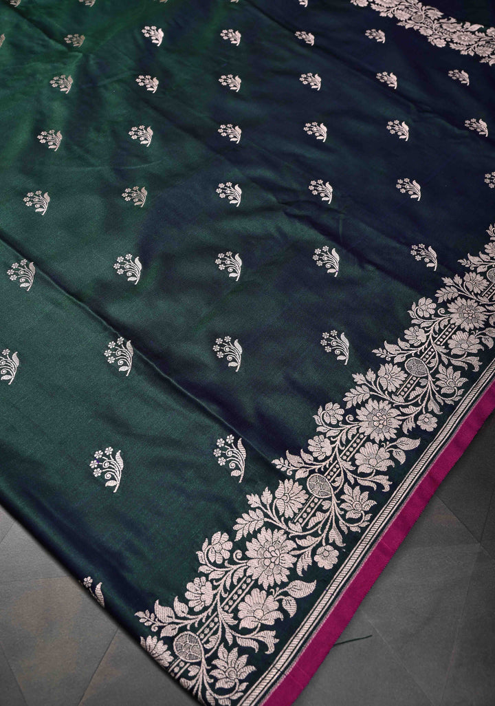 Hunter Green Banarasi Semi Mashru Silk Saree with Floral Zari Buttas and Zari border