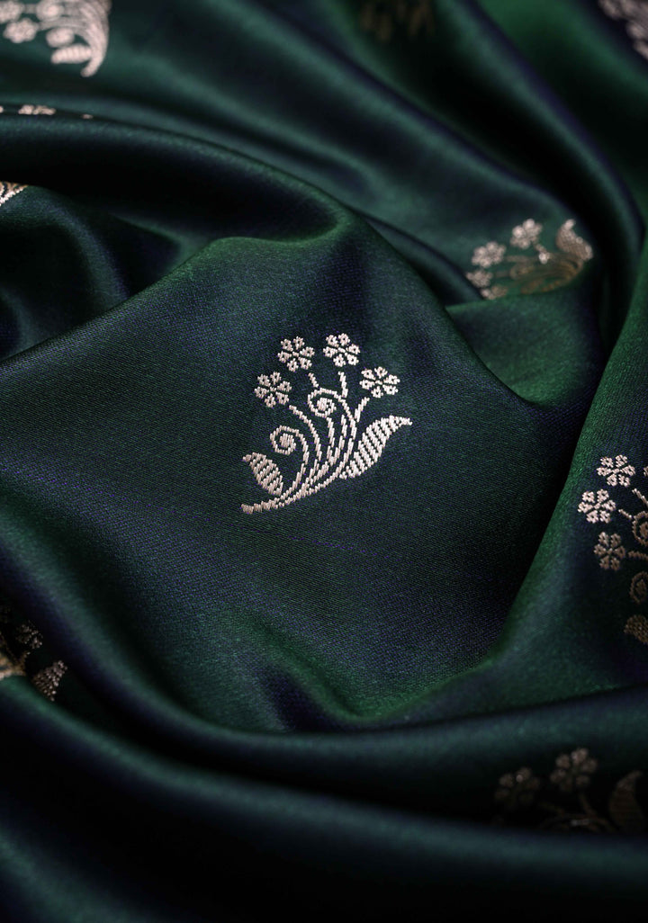 Hunter Green Banarasi Semi Mashru Silk Saree with Floral Zari Buttas and Zari border