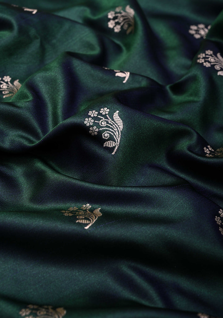 Hunter Green Banarasi Semi Mashru Silk Saree with Floral Zari Buttas and Zari border