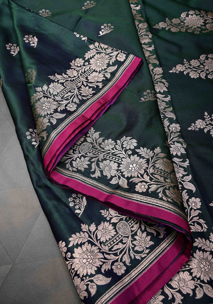 Hunter Green Banarasi Semi Mashru Silk Saree with Floral Zari Buttas and Zari border