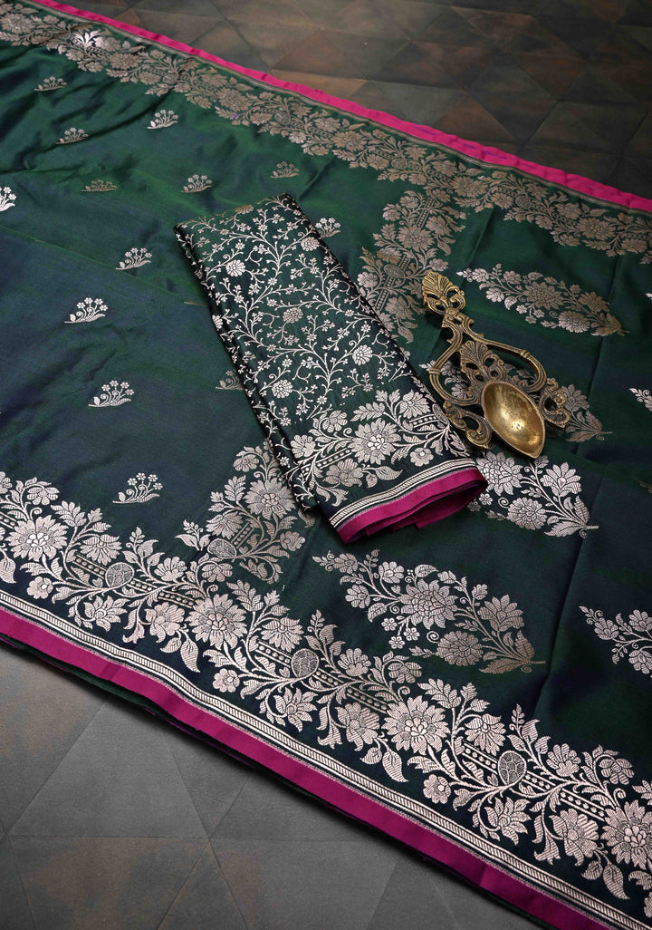 Hunter Green Banarasi Semi Mashru Silk Saree with Floral Zari Buttas and Zari border