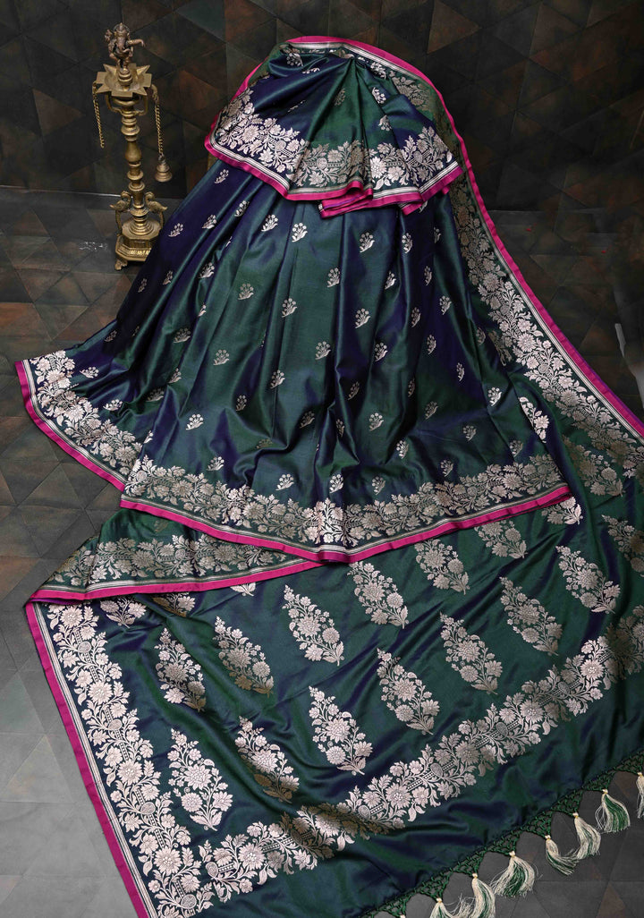 Hunter Green Banarasi Semi Mashru Silk Saree with Floral Zari Buttas and Zari border