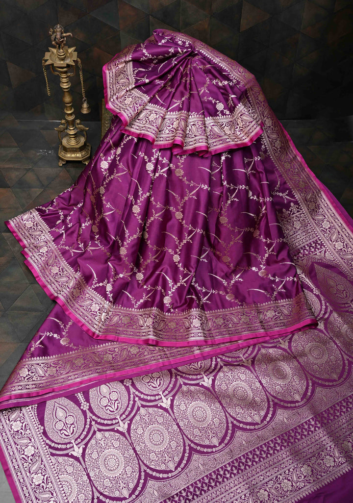 Purple Banarasi Mashru Silk Saree with Floral Jaal and Zari Border, Brocade Blouse piece