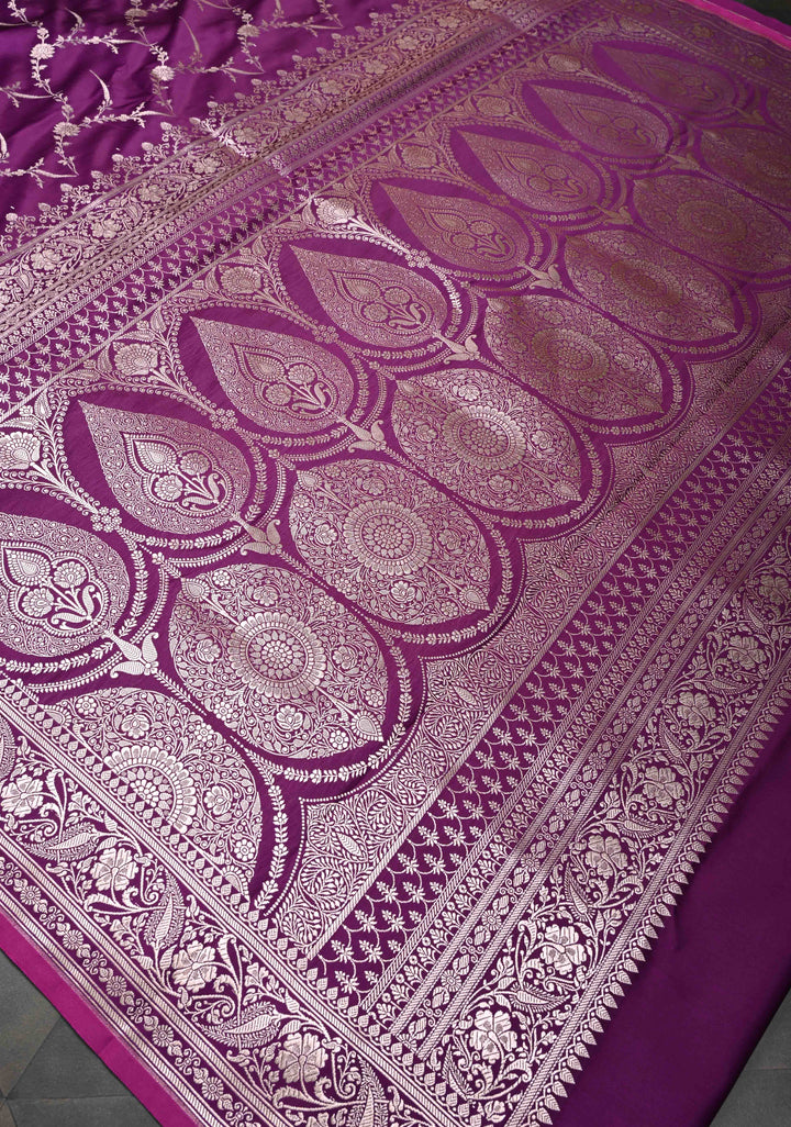 Purple Banarasi Mashru Silk Saree with Floral Jaal and Zari Border, Brocade Blouse piece
