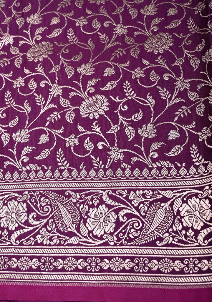 Purple Banarasi Mashru Silk Saree with Floral Jaal and Zari Border, Brocade Blouse piece