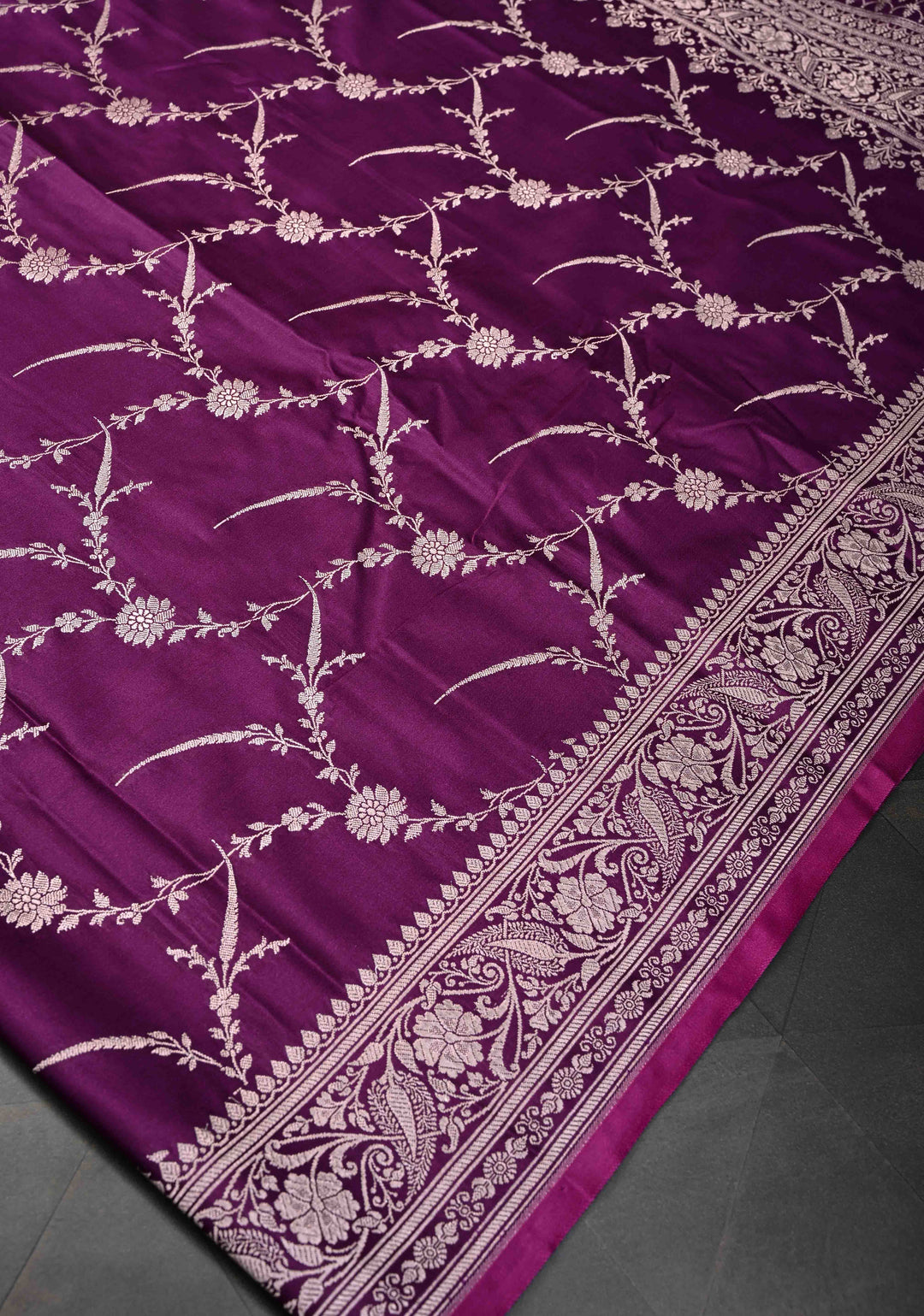Purple Banarasi Mashru Silk Saree with Floral Jaal and Zari Border, Brocade Blouse piece