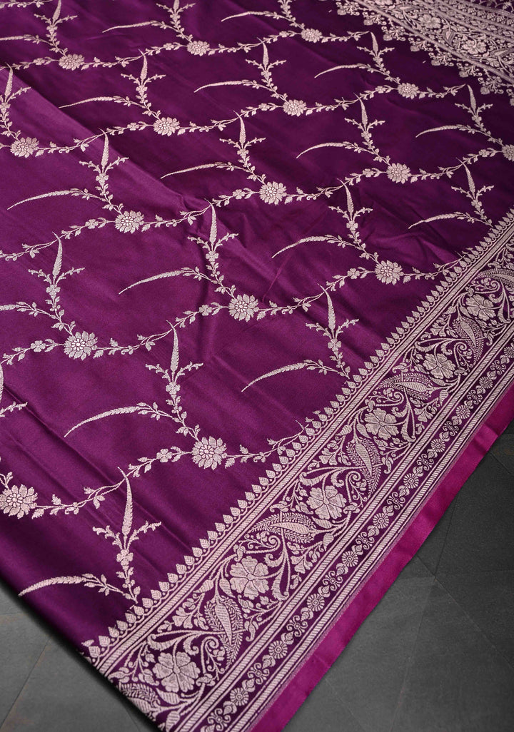 Purple Banarasi Mashru Silk Saree with Floral Jaal and Zari Border, Brocade Blouse piece