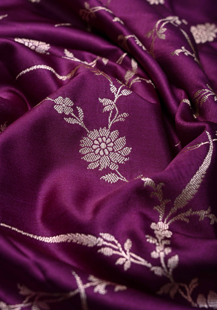 Purple Banarasi Mashru Silk Saree with Floral Jaal and Zari Border, Brocade Blouse piece