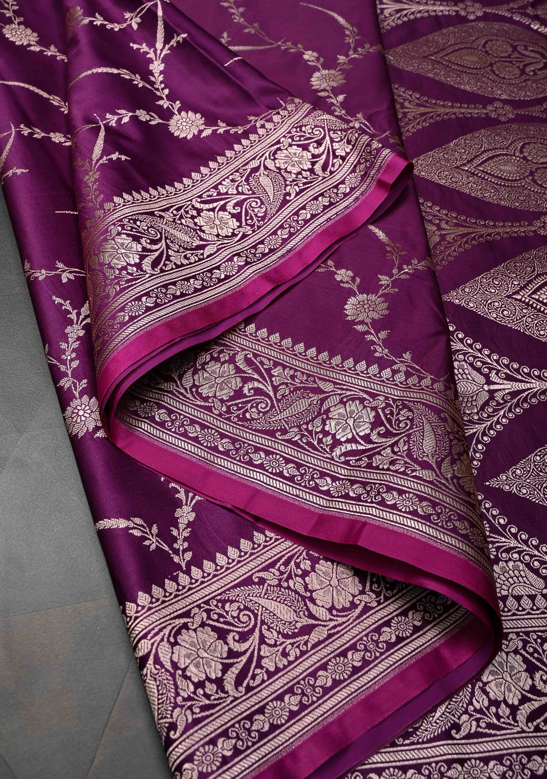 Purple Banarasi Mashru Silk Saree with Floral Jaal and Zari Border, Brocade Blouse piece