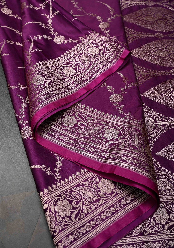 Purple Banarasi Mashru Silk Saree with Floral Jaal and Zari Border, Brocade Blouse piece