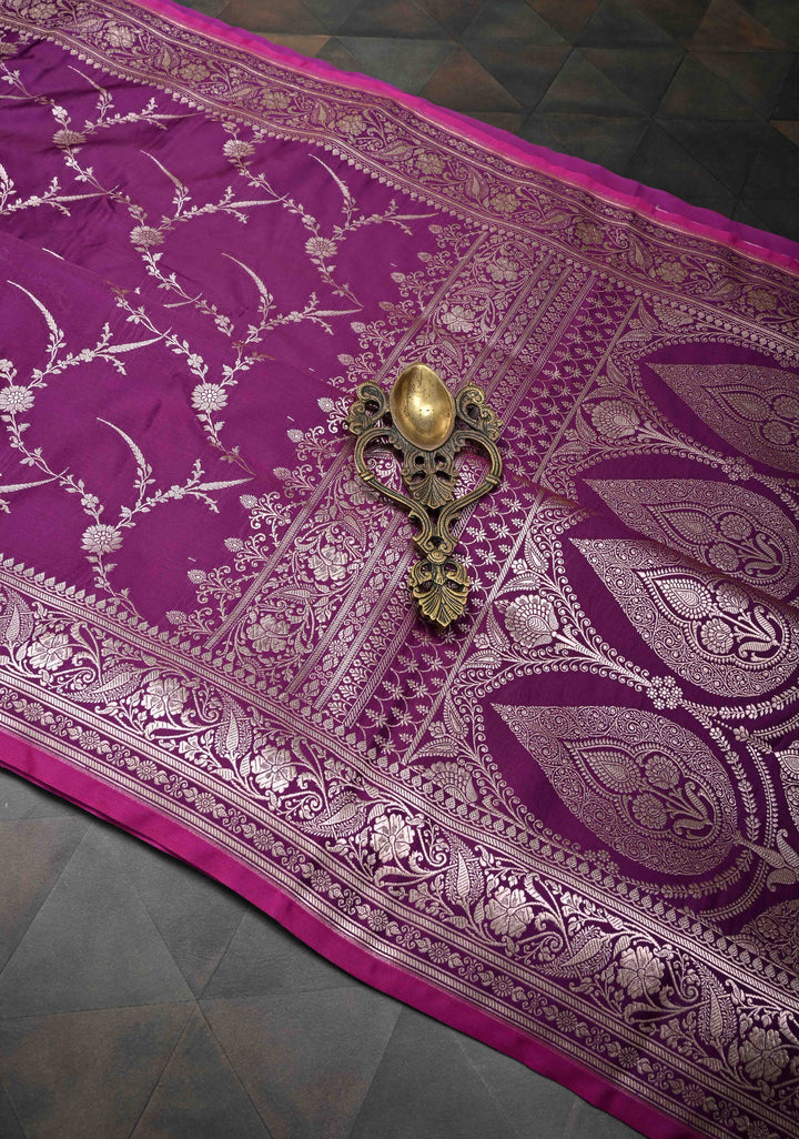 Purple Banarasi Mashru Silk Saree with Floral Jaal and Zari Border, Brocade Blouse piece