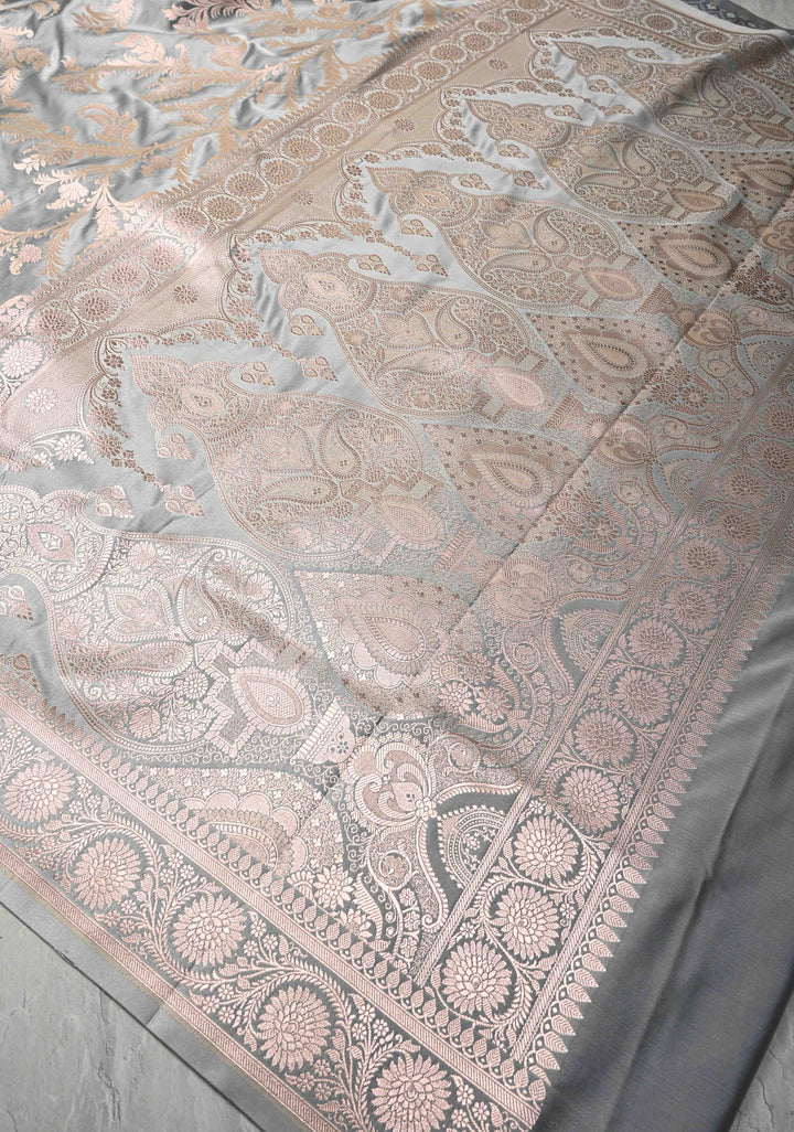 Gray Banarasi Semi Mashru Silk Saree with Floral Jaal and Zari Border