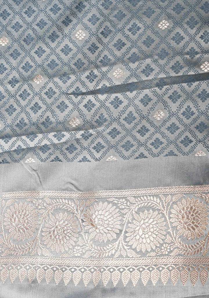 Gray Banarasi Semi Mashru Silk Saree with Floral Jaal and Zari Border