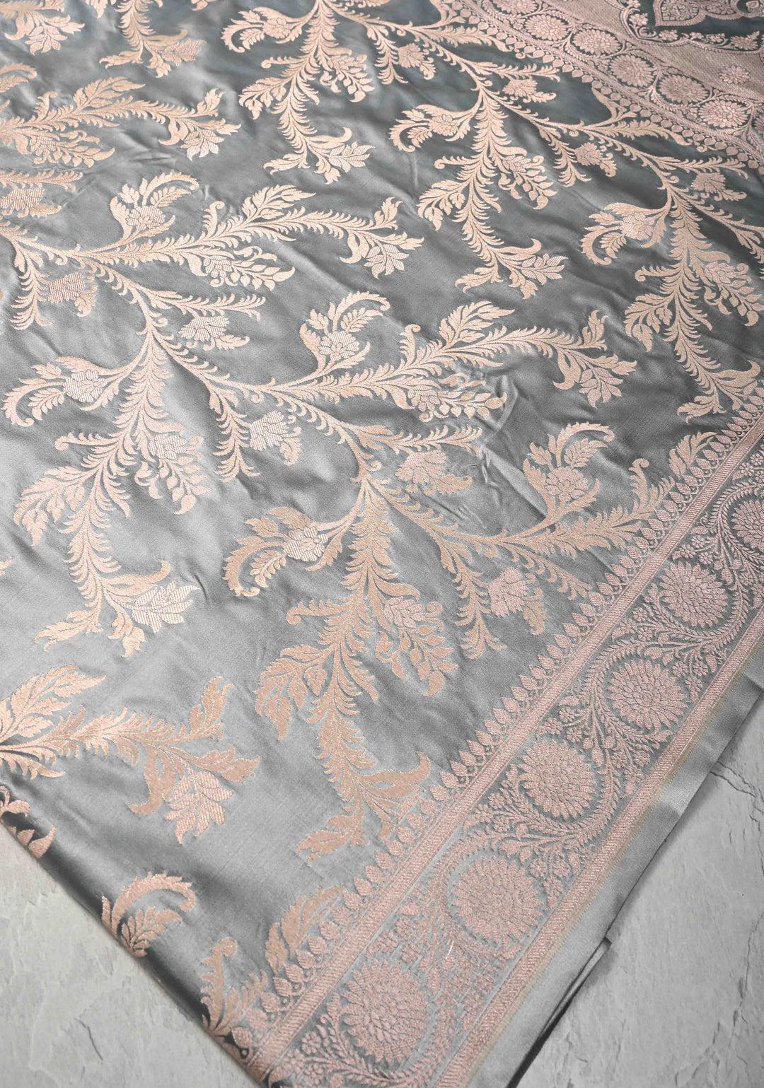 Gray Banarasi Semi Mashru Silk Saree with Floral Jaal and Zari Border