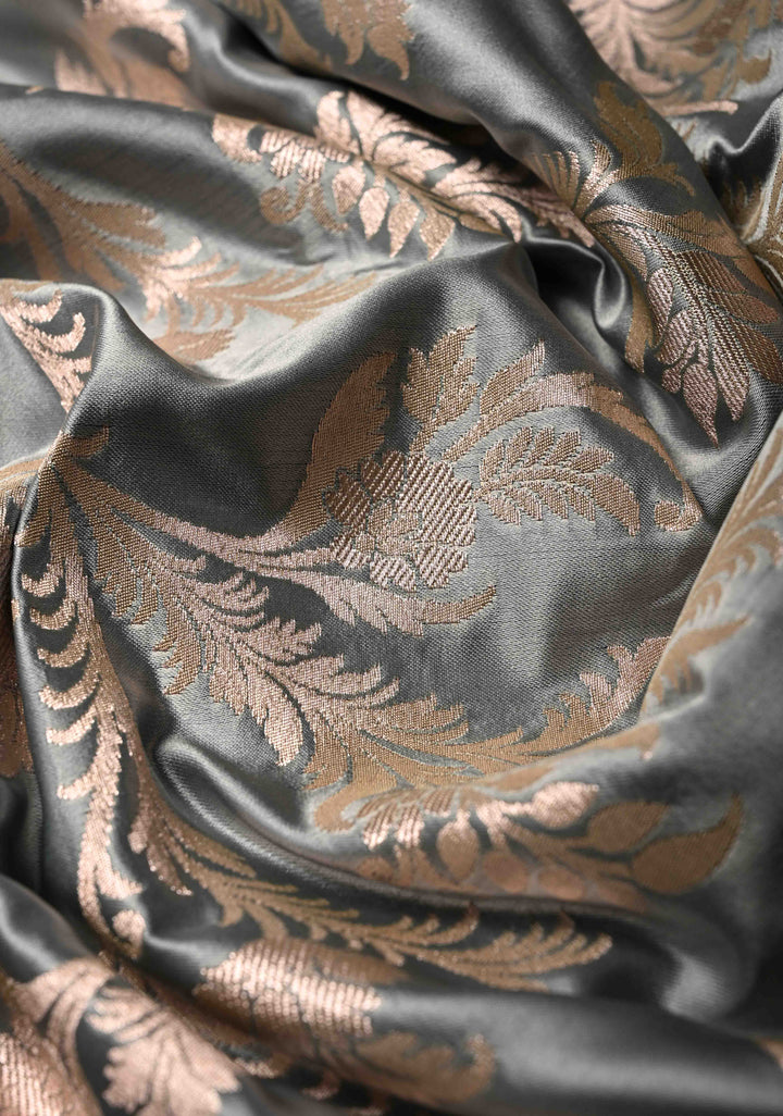 Gray Banarasi Semi Mashru Silk Saree with Floral Jaal and Zari Border
