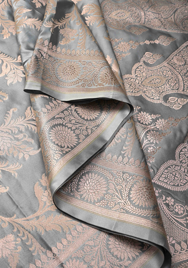 Gray Banarasi Semi Mashru Silk Saree with Floral Jaal and Zari Border