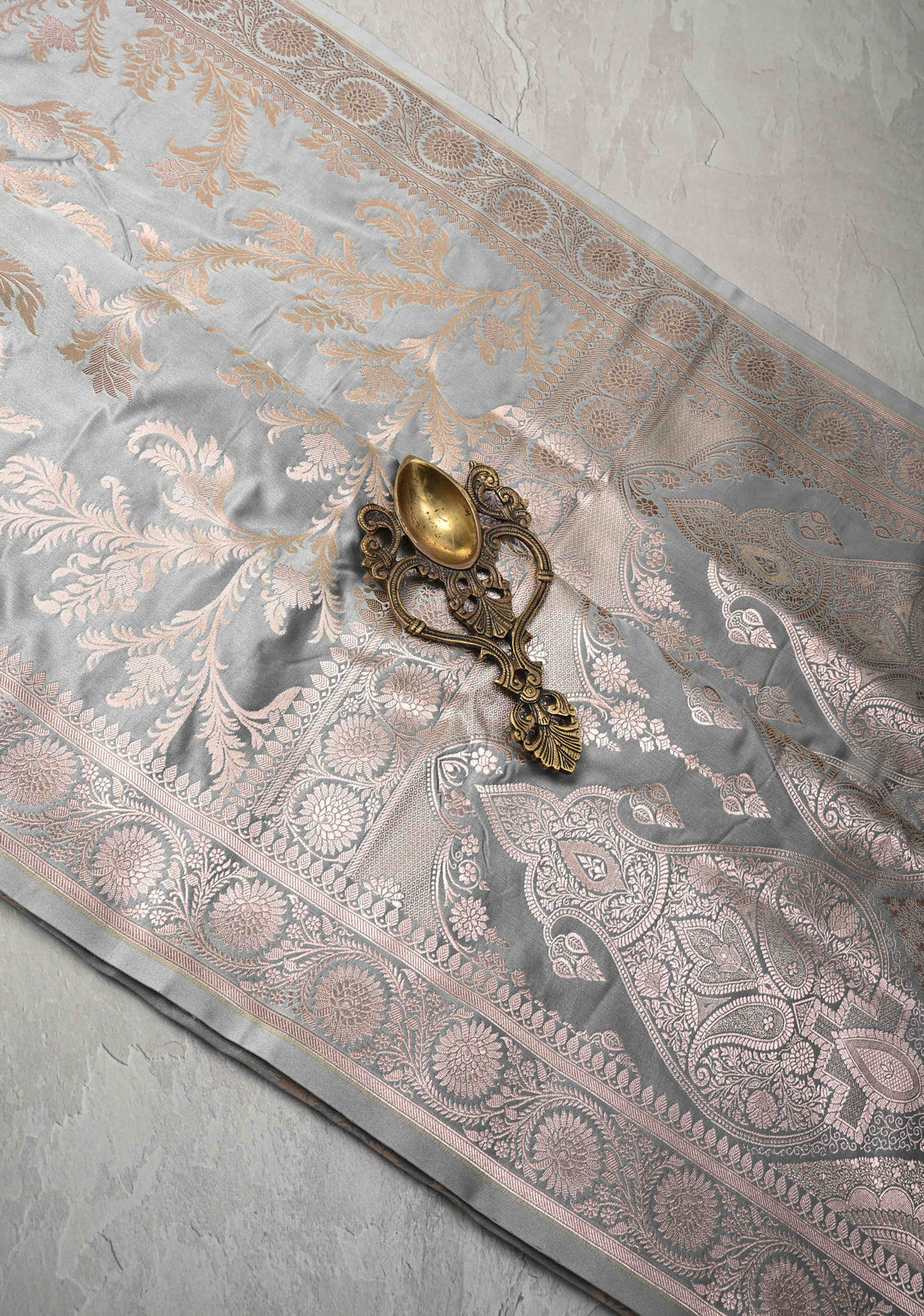 Gray Banarasi Semi Mashru Silk Saree with Floral Jaal and Zari Border
