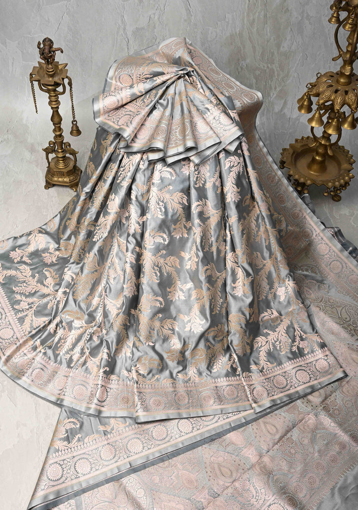 Gray Banarasi Semi Mashru Silk Saree with Floral Jaal and Zari Border