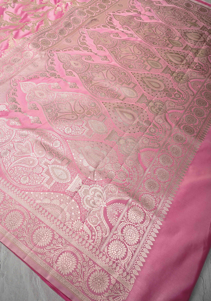 Rose Pink Banarasi Semi Mashru Silk Saree with Floral Jaal and Zari Border
