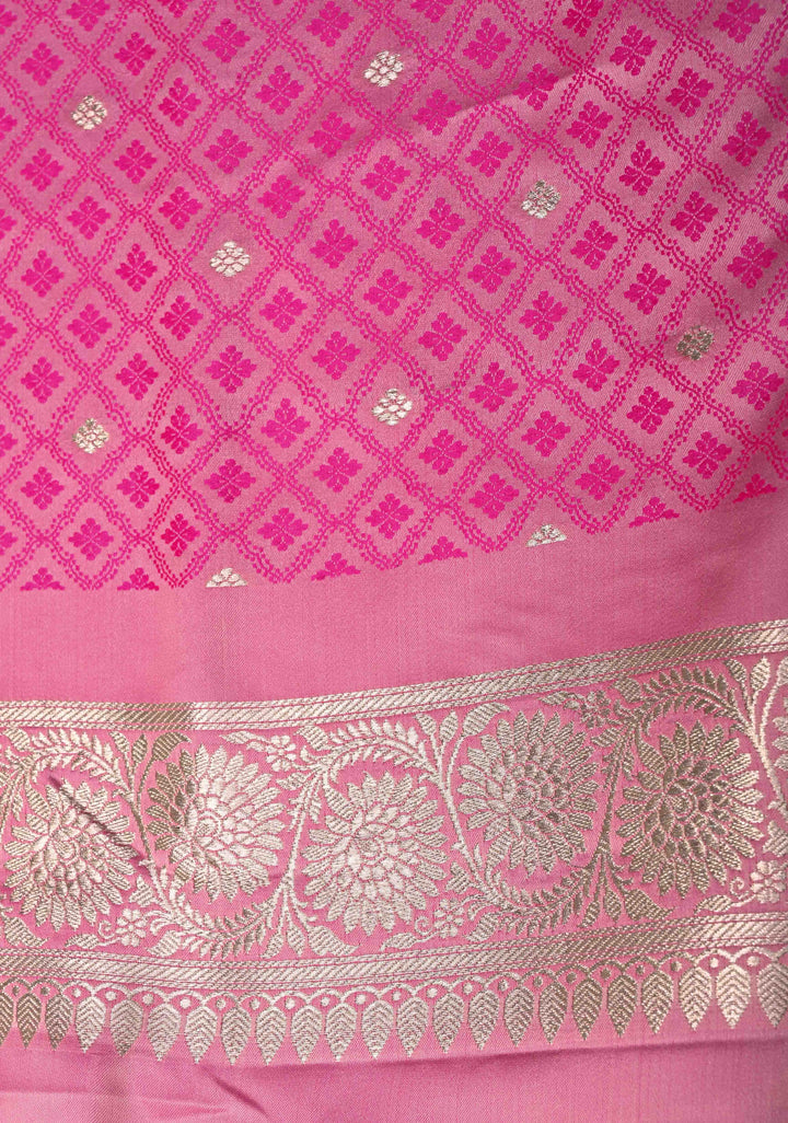 Rose Pink Banarasi Semi Mashru Silk Saree with Floral Jaal and Zari Border
