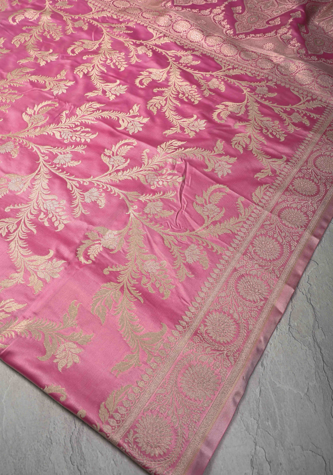 Rose Pink Banarasi Semi Mashru Silk Saree with Floral Jaal and Zari Border