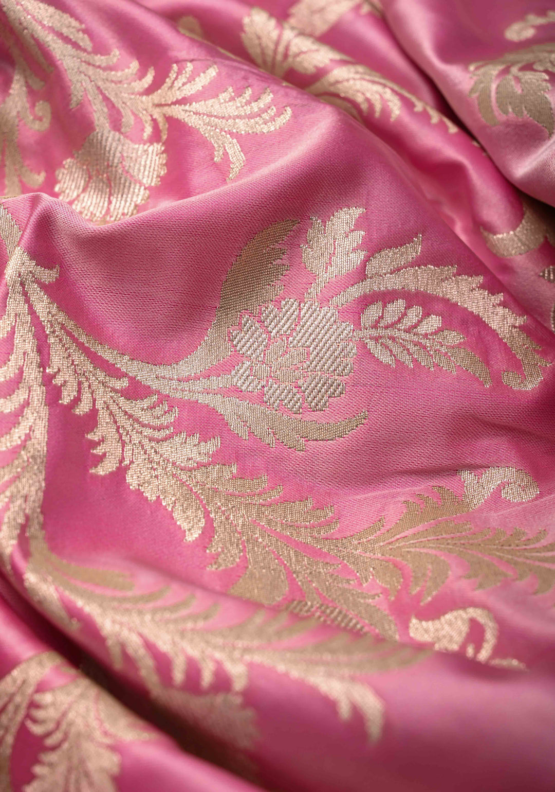 Rose Pink Banarasi Semi Mashru Silk Saree with Floral Jaal and Zari Border
