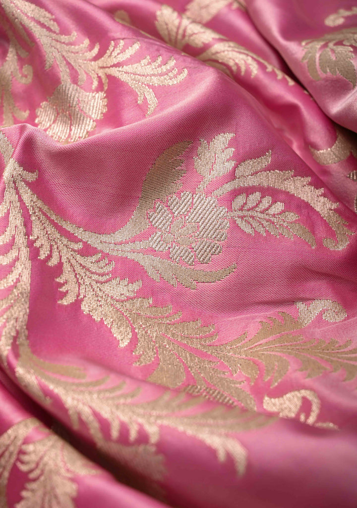 Rose Pink Banarasi Semi Mashru Silk Saree with Floral Jaal and Zari Border