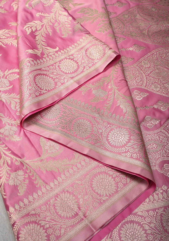 Rose Pink Banarasi Semi Mashru Silk Saree with Floral Jaal and Zari Border