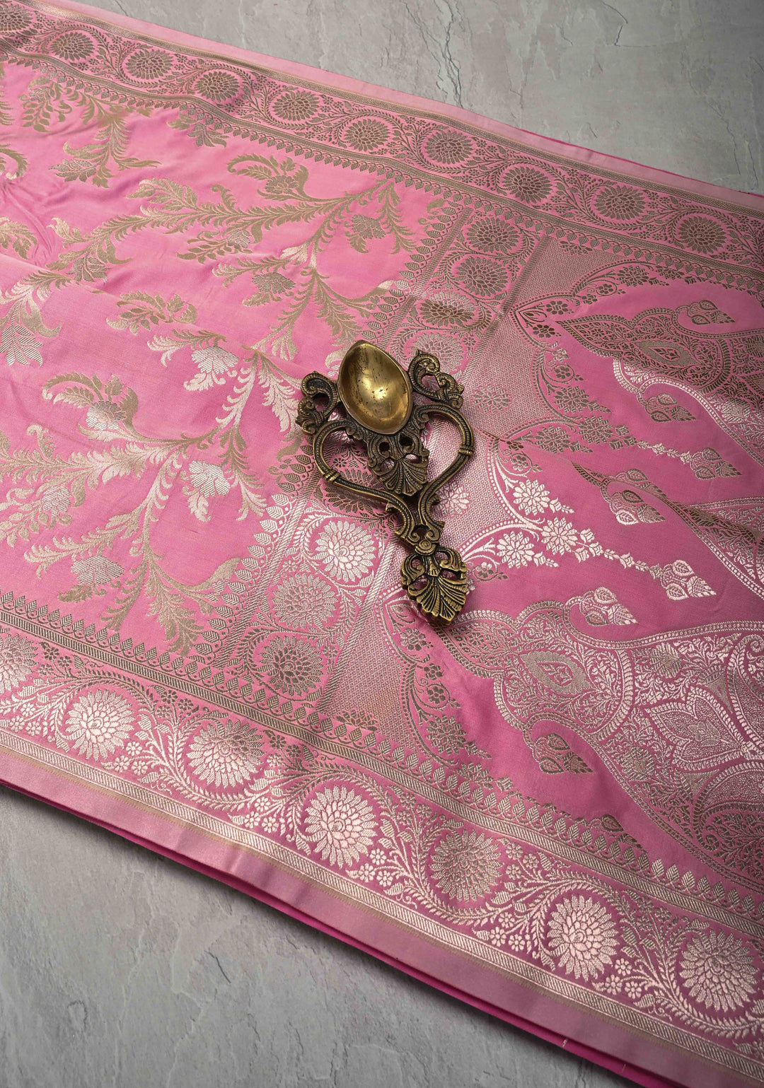 Rose Pink Banarasi Semi Mashru Silk Saree with Floral Jaal and Zari Border