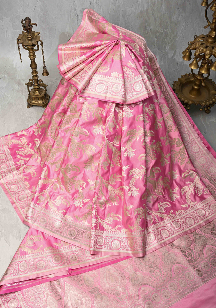 Rose Pink Banarasi Semi Mashru Silk Saree with Floral Jaal and Zari Border
