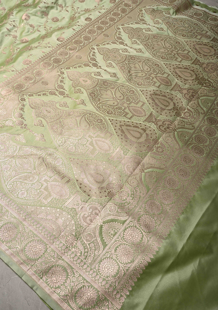Pista Green Banarasi Semi Mashru Silk Saree with Floral Jaal and Zari Border
