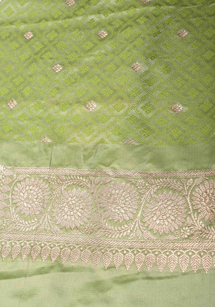 Pista Green Banarasi Semi Mashru Silk Saree with Floral Jaal and Zari Border