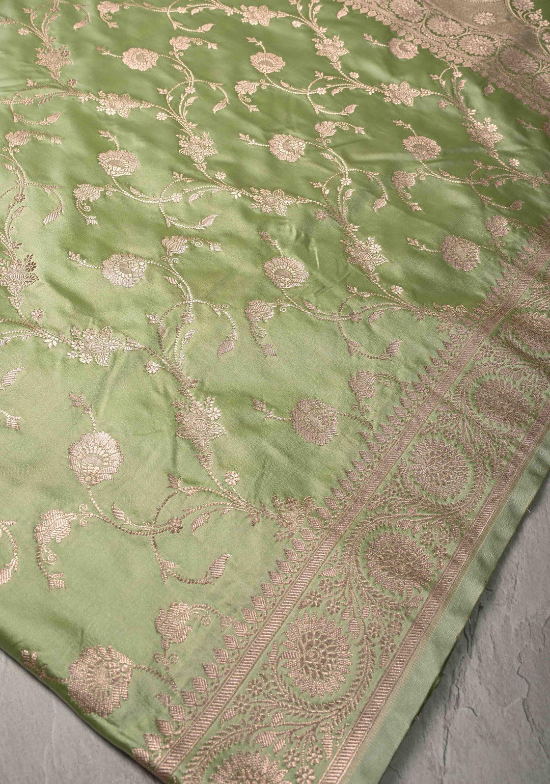 Pista Green Banarasi Semi Mashru Silk Saree with Floral Jaal and Zari Border