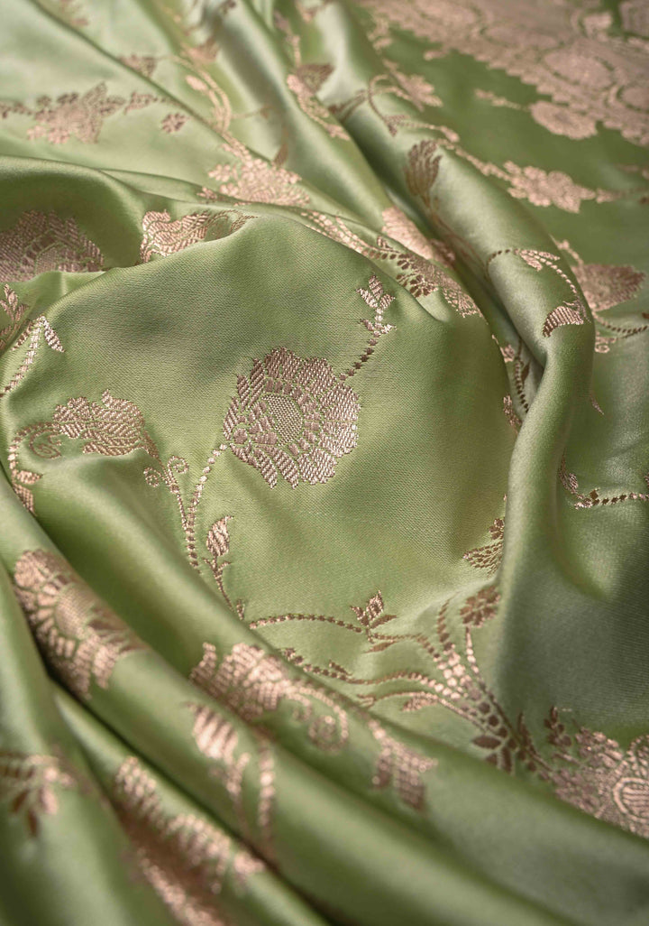 Pista Green Banarasi Semi Mashru Silk Saree with Floral Jaal and Zari Border