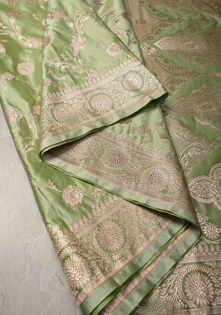 Pista Green Banarasi Semi Mashru Silk Saree with Floral Jaal and Zari Border