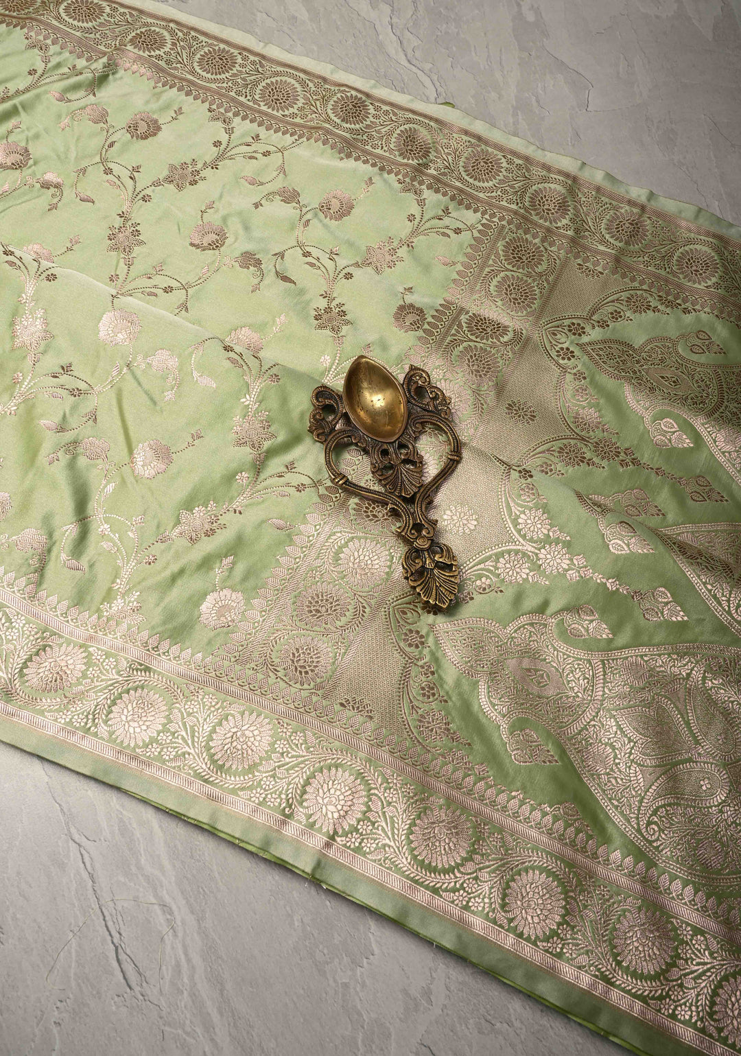 Pista Green Banarasi Semi Mashru Silk Saree with Floral Jaal and Zari Border