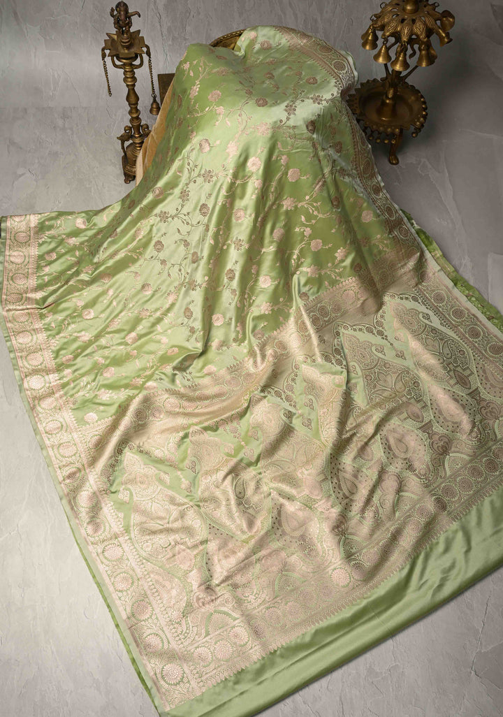 Pista Green Banarasi Semi Mashru Silk Saree with Floral Jaal and Zari Border