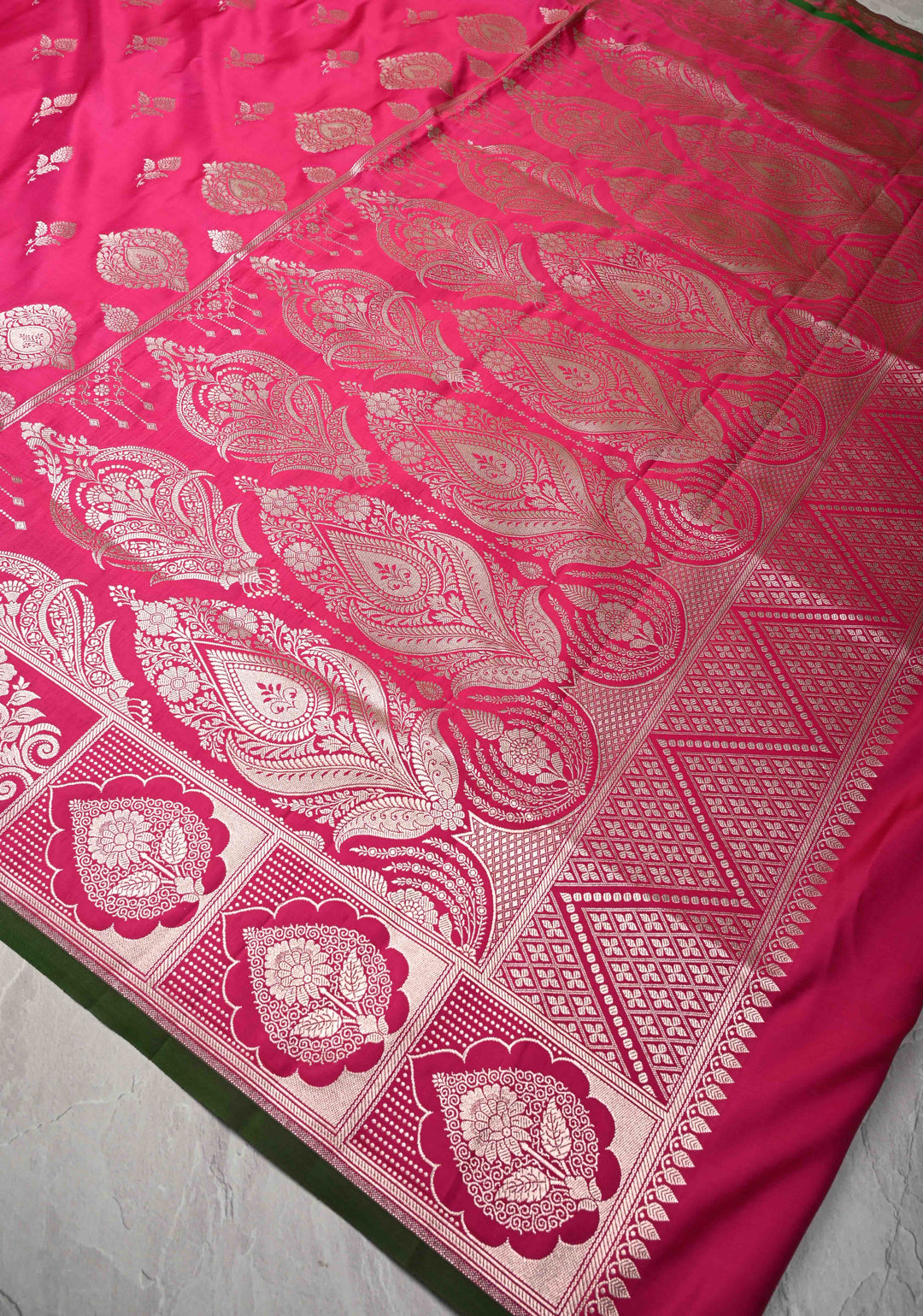 Deep Pink Banarasi Semi Mashru Silk Saree with Floral Zari Butta and Floral Zari Border