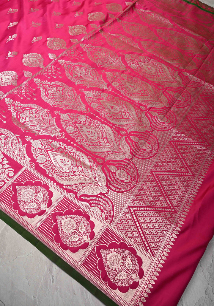 Deep Pink Banarasi Semi Mashru Silk Saree with Floral Zari Butta and Floral Zari Border
