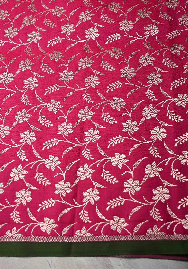Deep Pink Banarasi Semi Mashru Silk Saree with Floral Zari Butta and Floral Zari Border