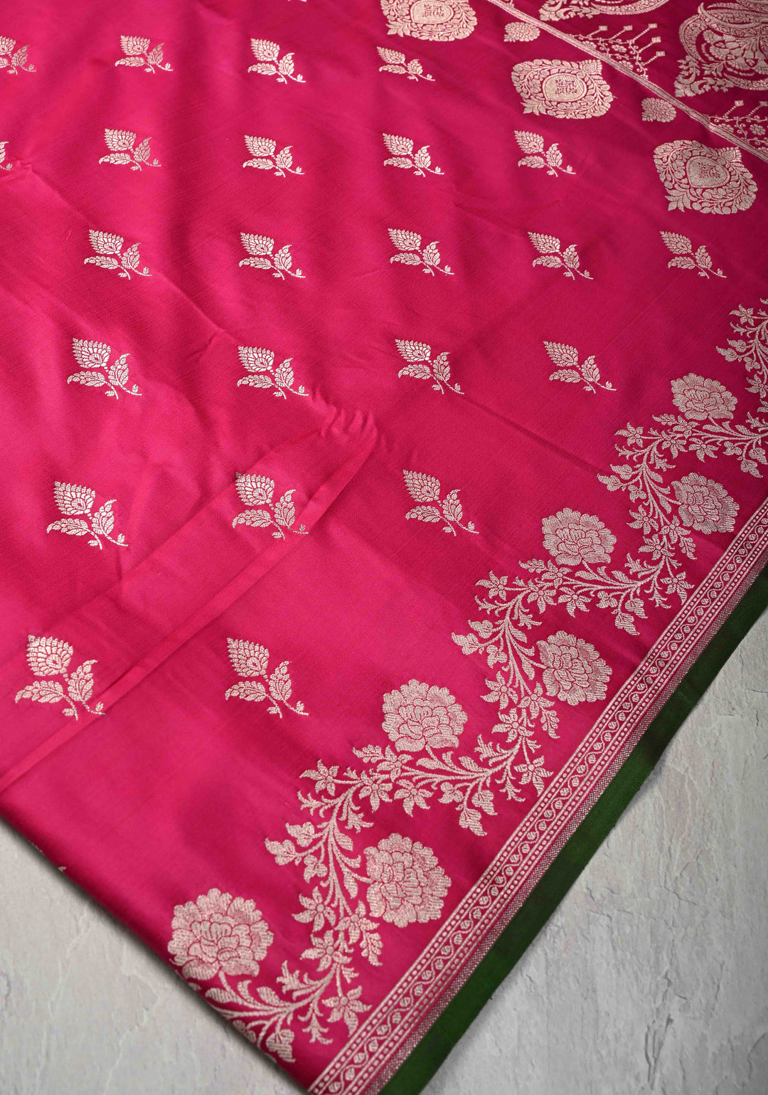 Deep Pink Banarasi Semi Mashru Silk Saree with Floral Zari Butta and Floral Zari Border