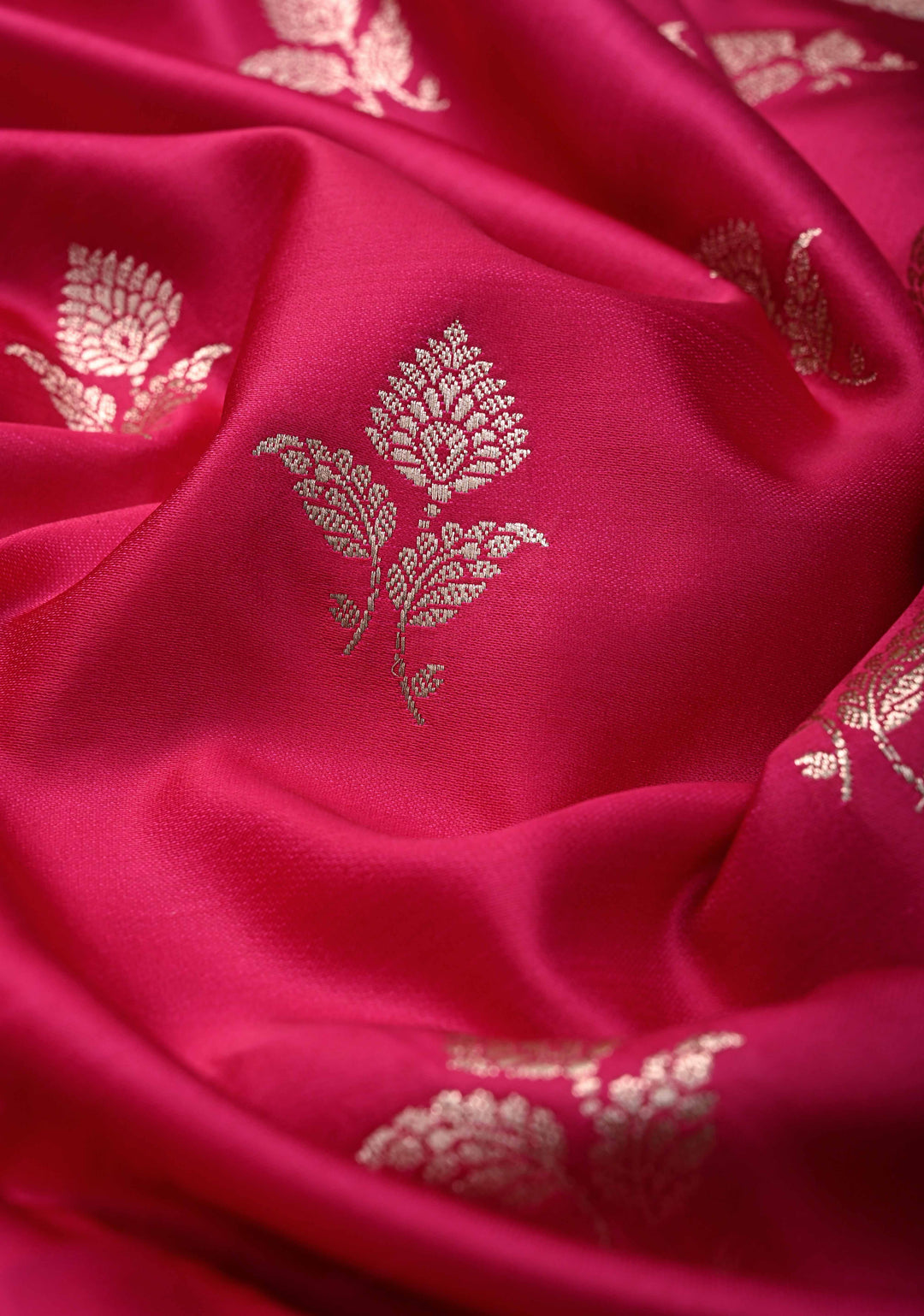 Deep Pink Banarasi Semi Mashru Silk Saree with Floral Zari Butta and Floral Zari Border