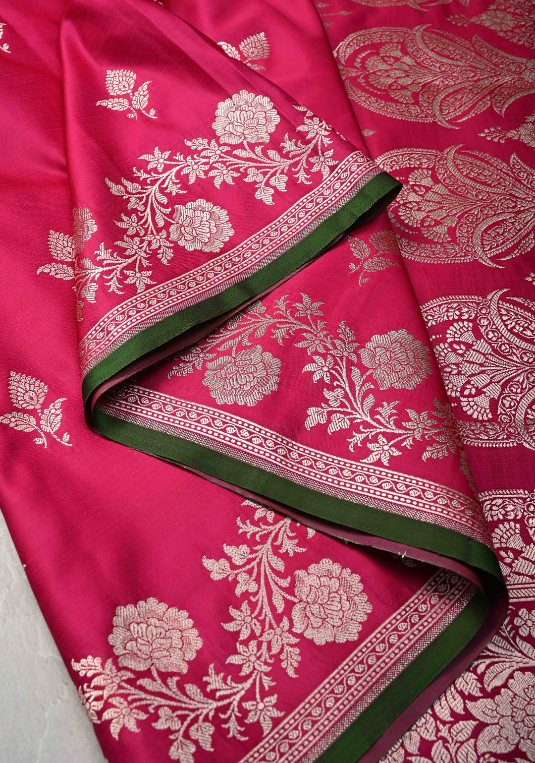 Deep Pink Banarasi Semi Mashru Silk Saree with Floral Zari Butta and Floral Zari Border