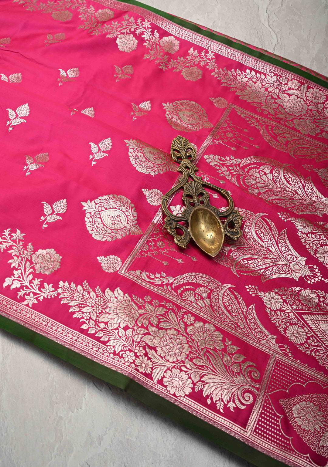 Deep Pink Banarasi Semi Mashru Silk Saree with Floral Zari Butta and Floral Zari Border