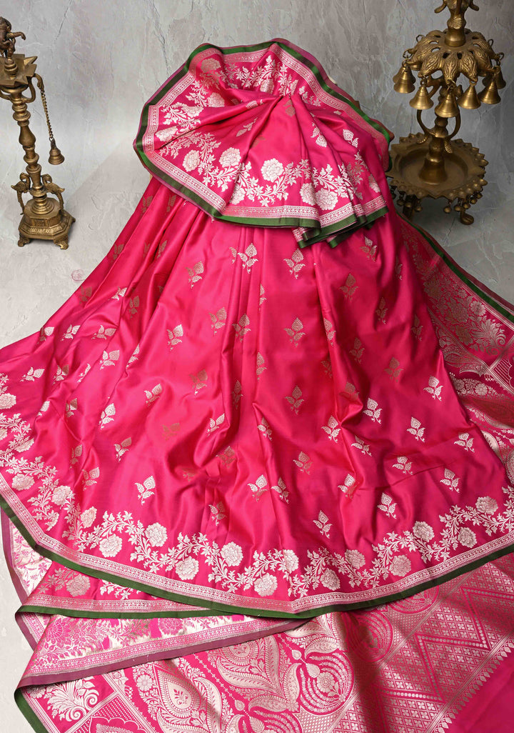 Deep Pink Banarasi Semi Mashru Silk Saree with Floral Zari Butta and Floral Zari Border