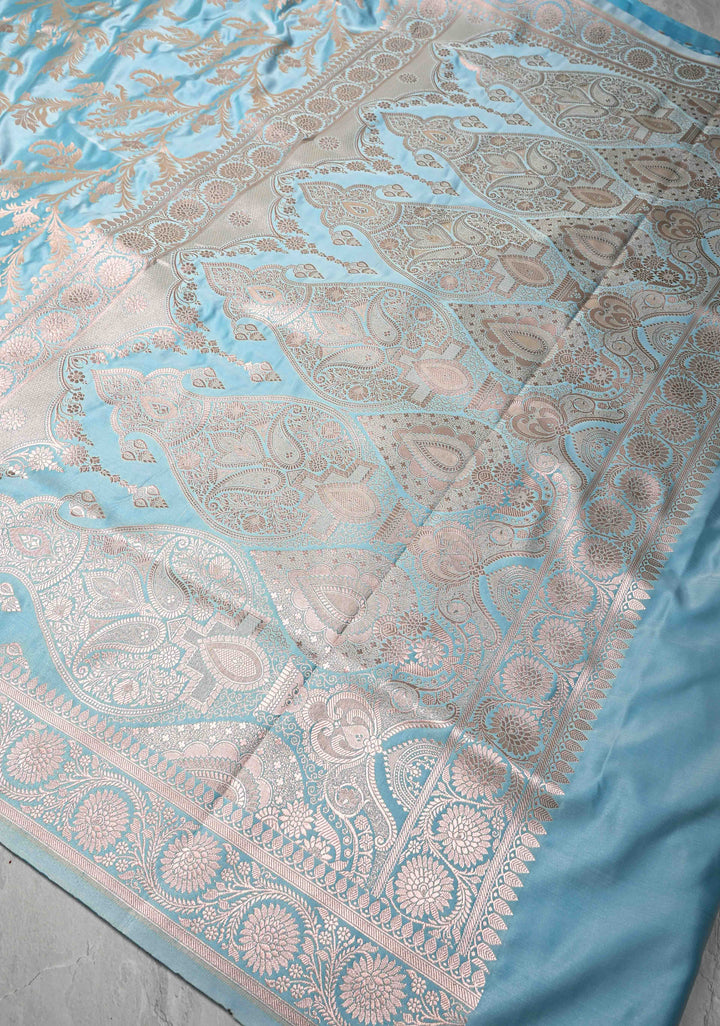 Sky Blue Banarasi Semi Mashru Silk Saree with Floral Jaal and Zari Border