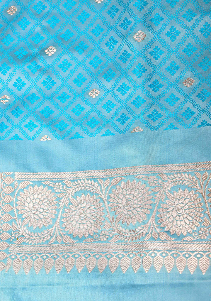 Sky Blue Banarasi Semi Mashru Silk Saree with Floral Jaal and Zari Border