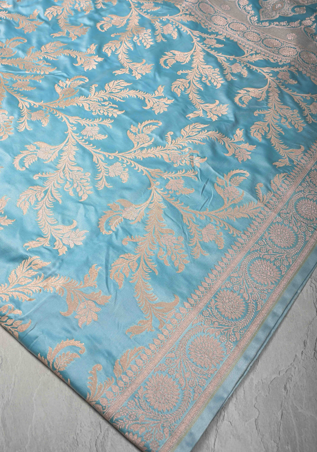 Sky Blue Banarasi Semi Mashru Silk Saree with Floral Jaal and Zari Border