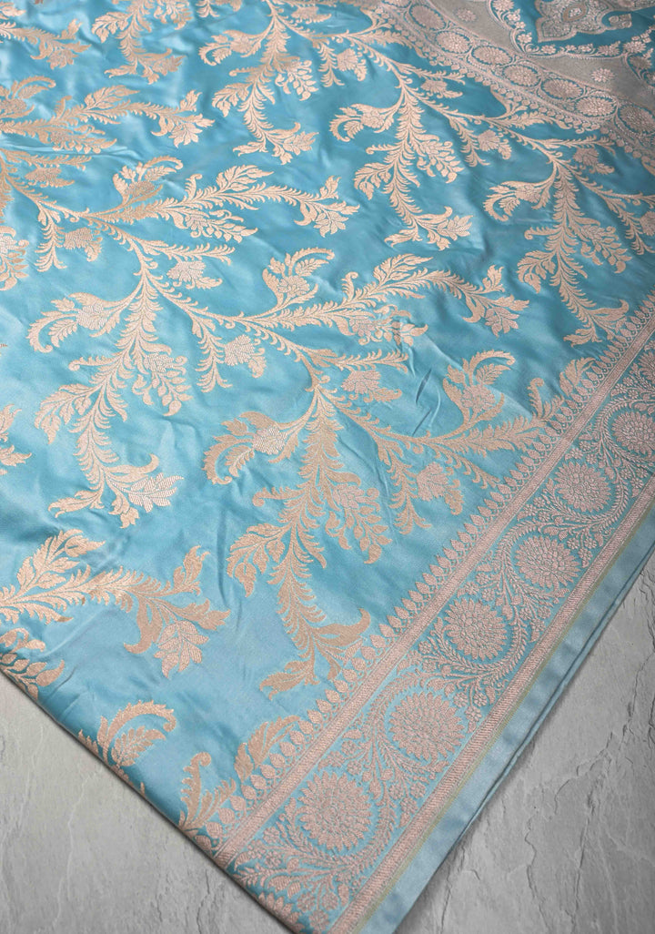 Sky Blue Banarasi Semi Mashru Silk Saree with Floral Jaal and Zari Border